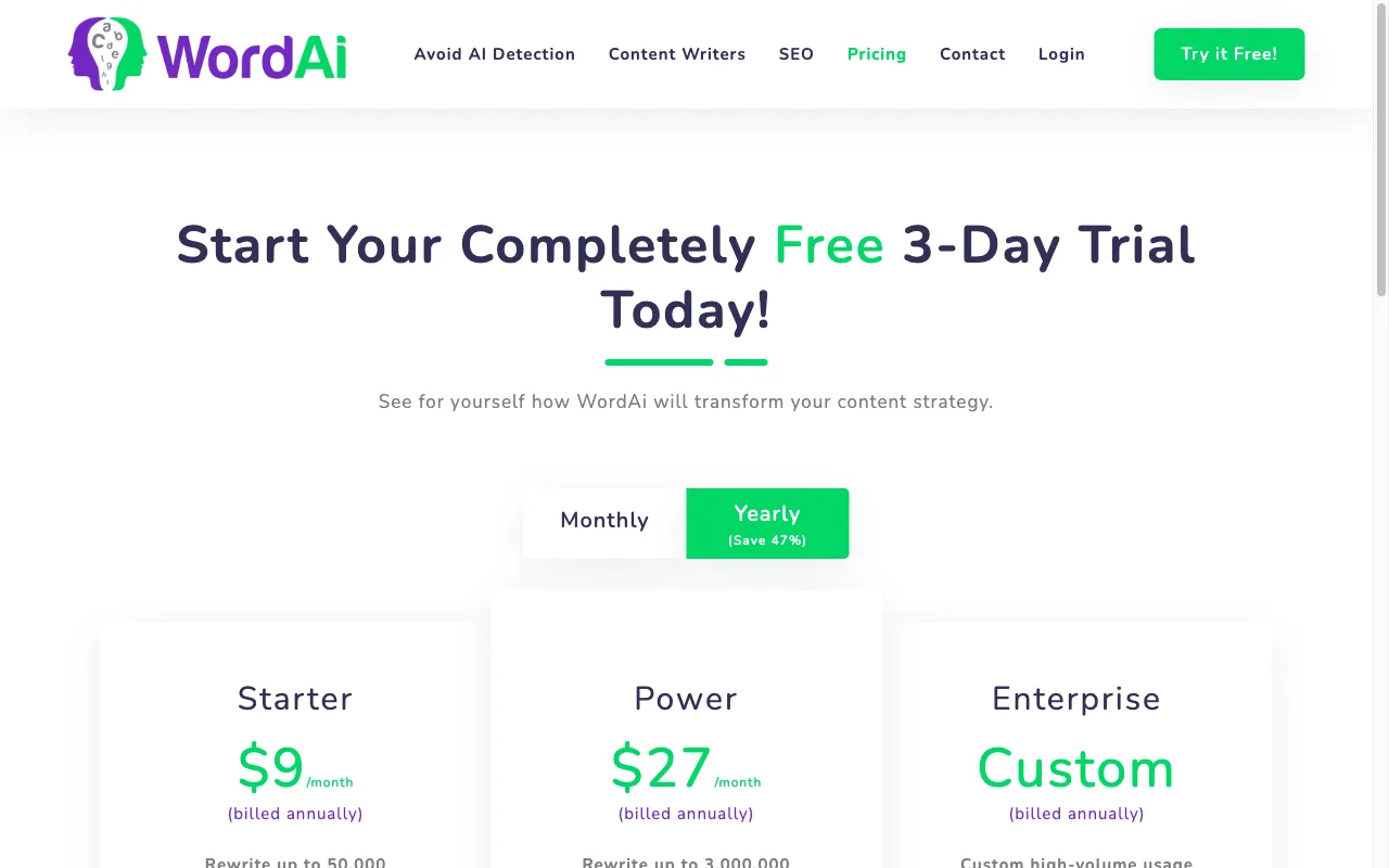 WordAI — pricing page