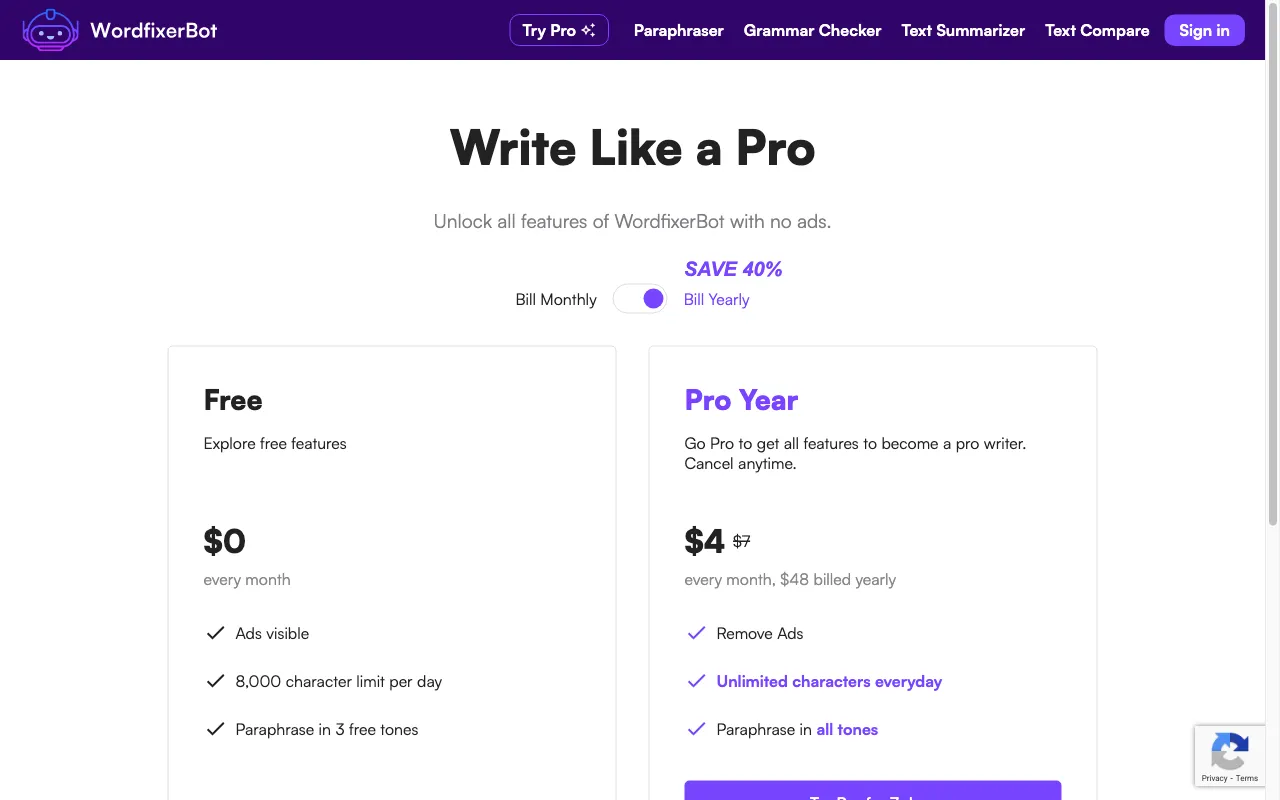 WordfixerBot — pricing page