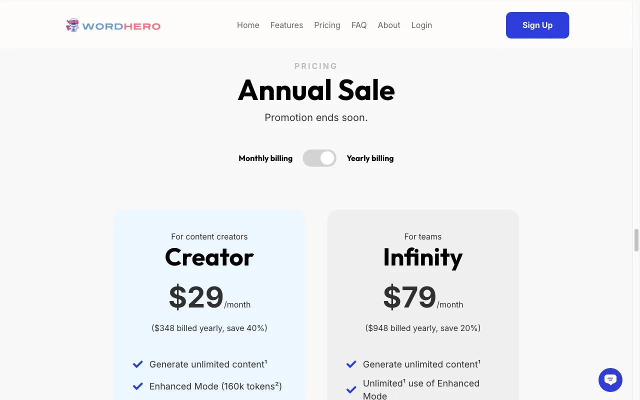 Wordhero — pricing page