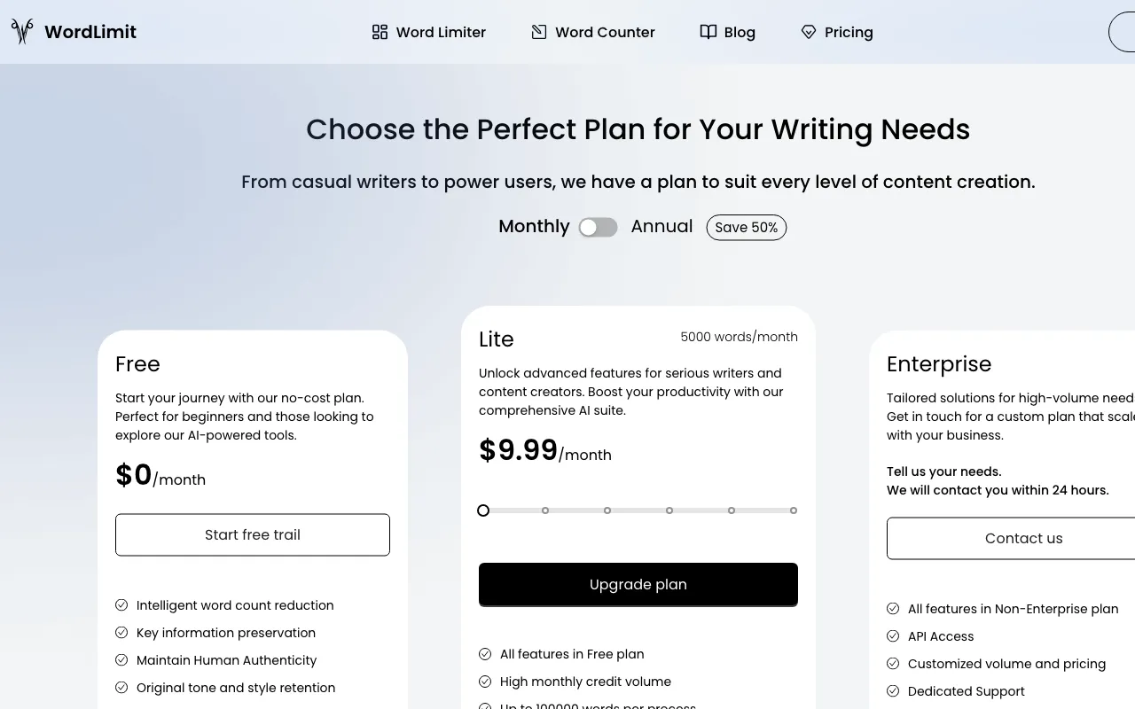 WordLimit AI — pricing page