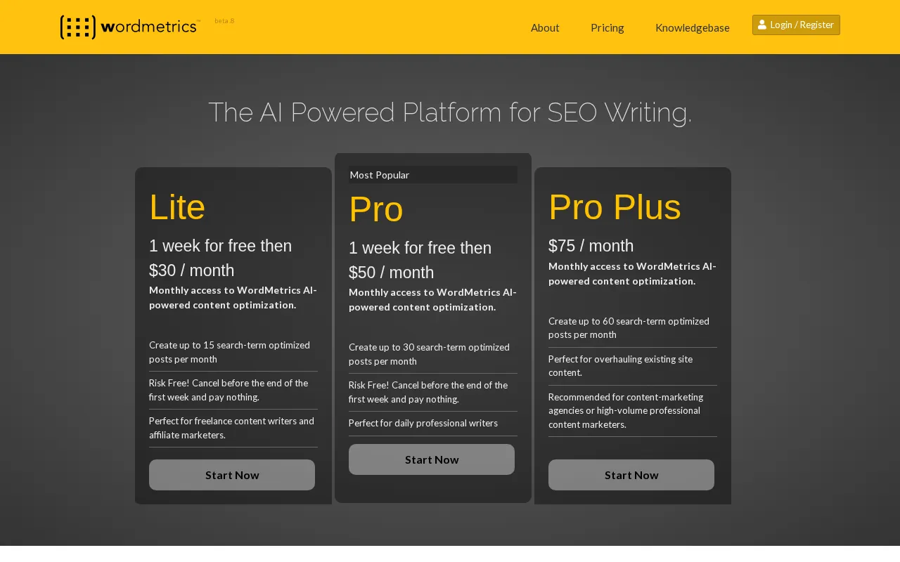 Wordmetrics — pricing page