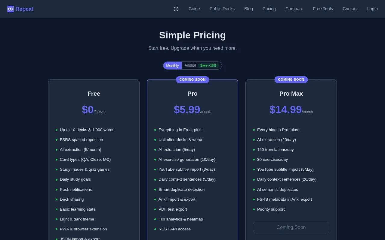 Words on Repeat — pricing page