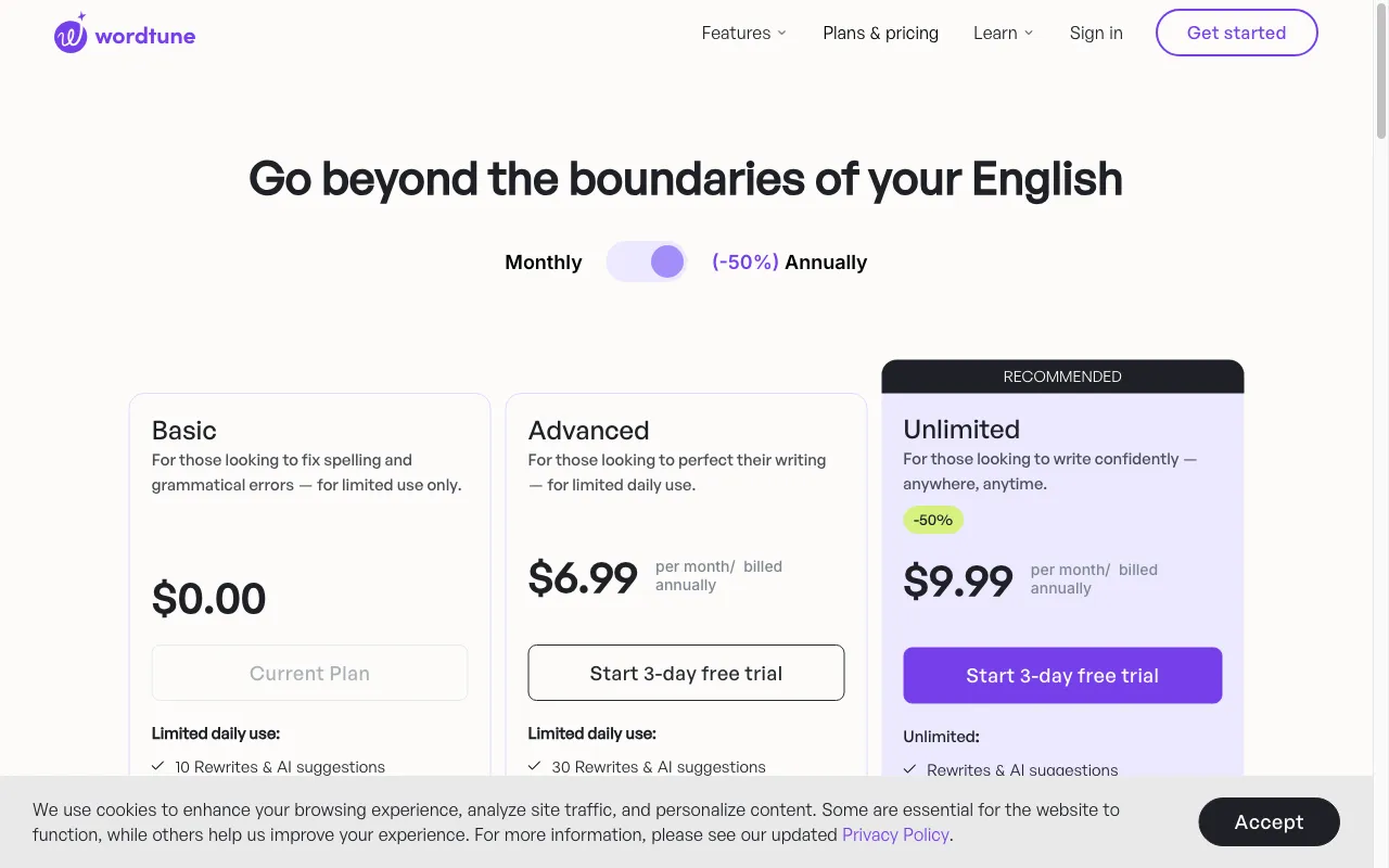 Wordtune — pricing page