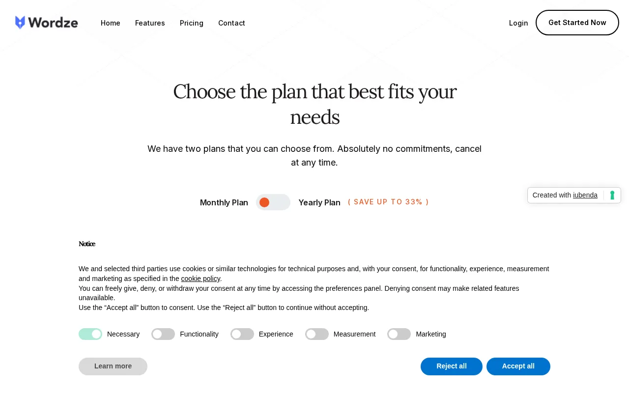 Wordze — pricing page