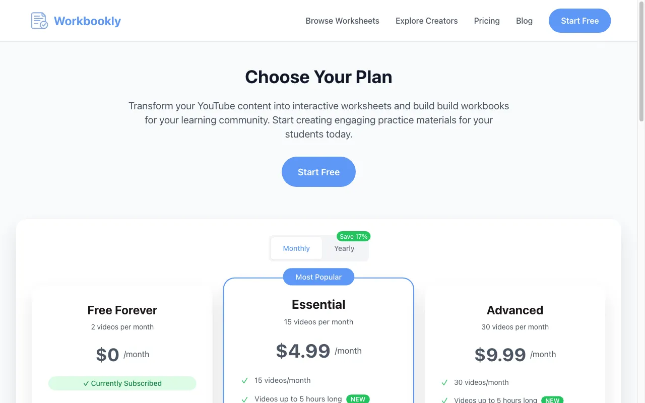 Workbookly — pricing page