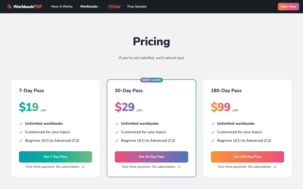 WorkbookPDF — pricing page