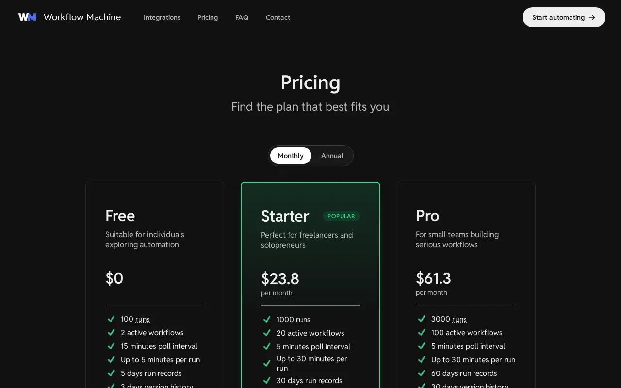 Workflow Machine — pricing page
