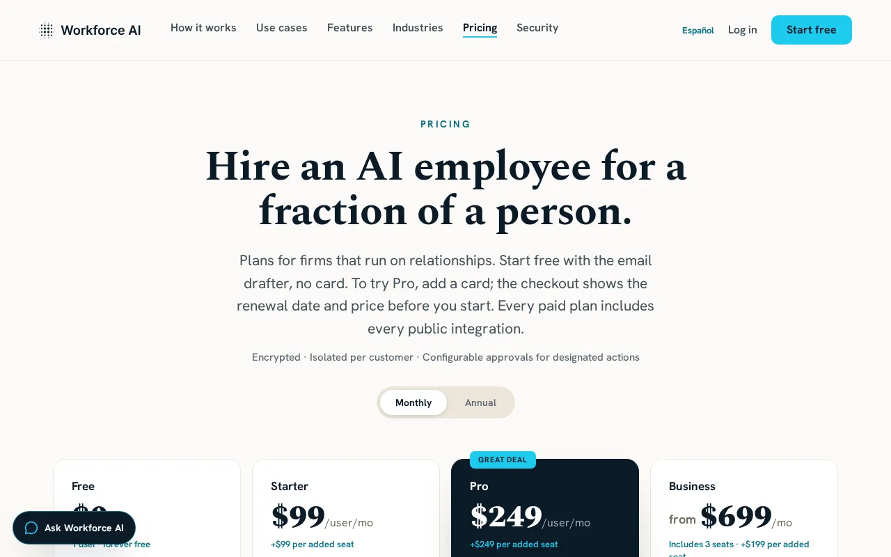 Workforce AI — pricing page