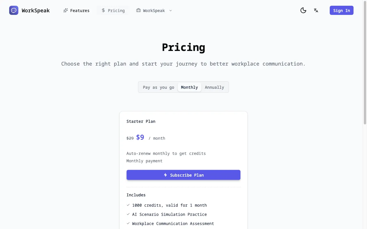 workspeak — pricing page