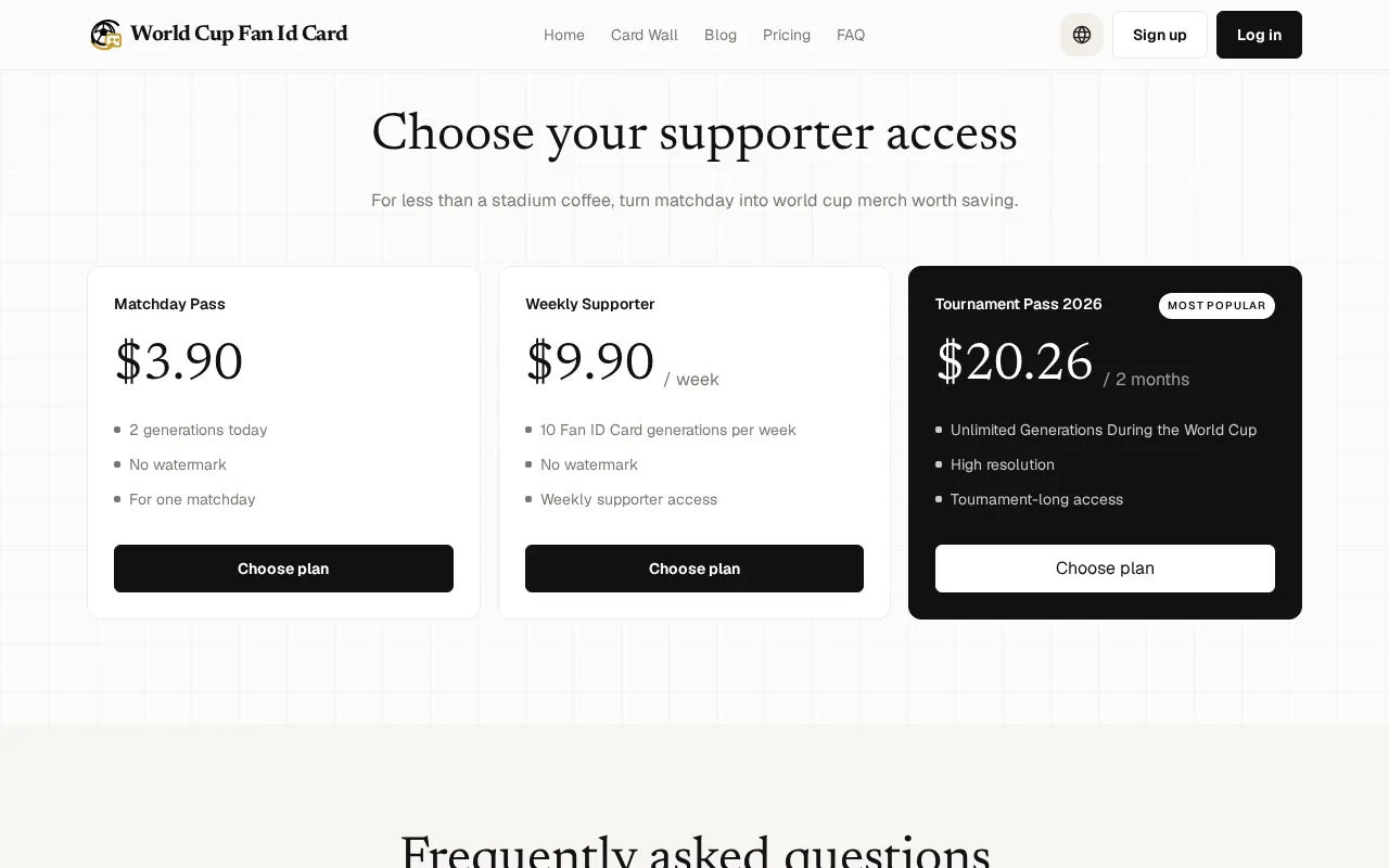 World Cup Merch Fan Id Card — pricing page
