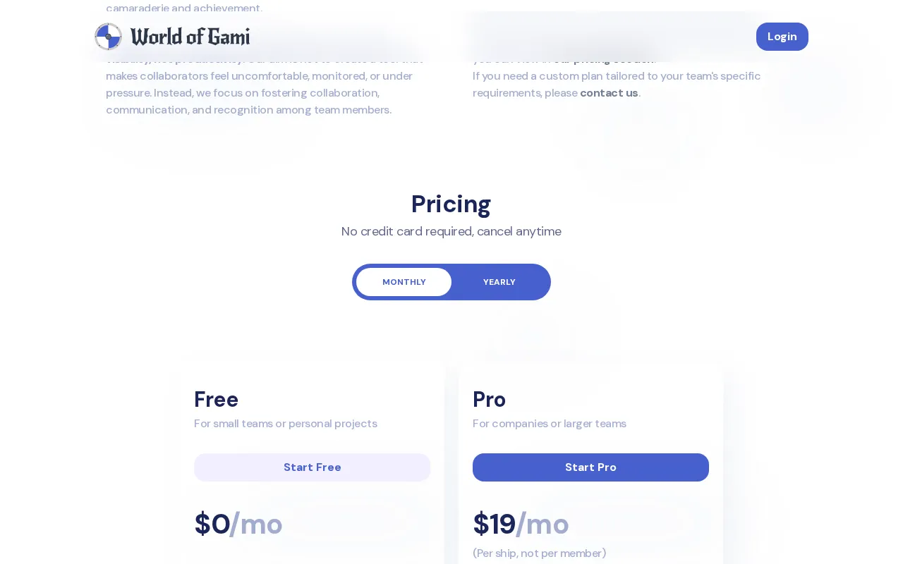 World of Gami — pricing page