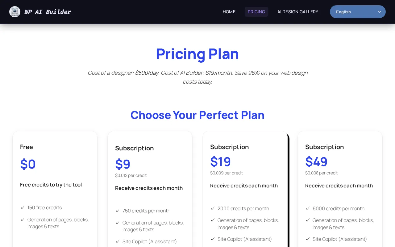 WP AI Builder — pricing page