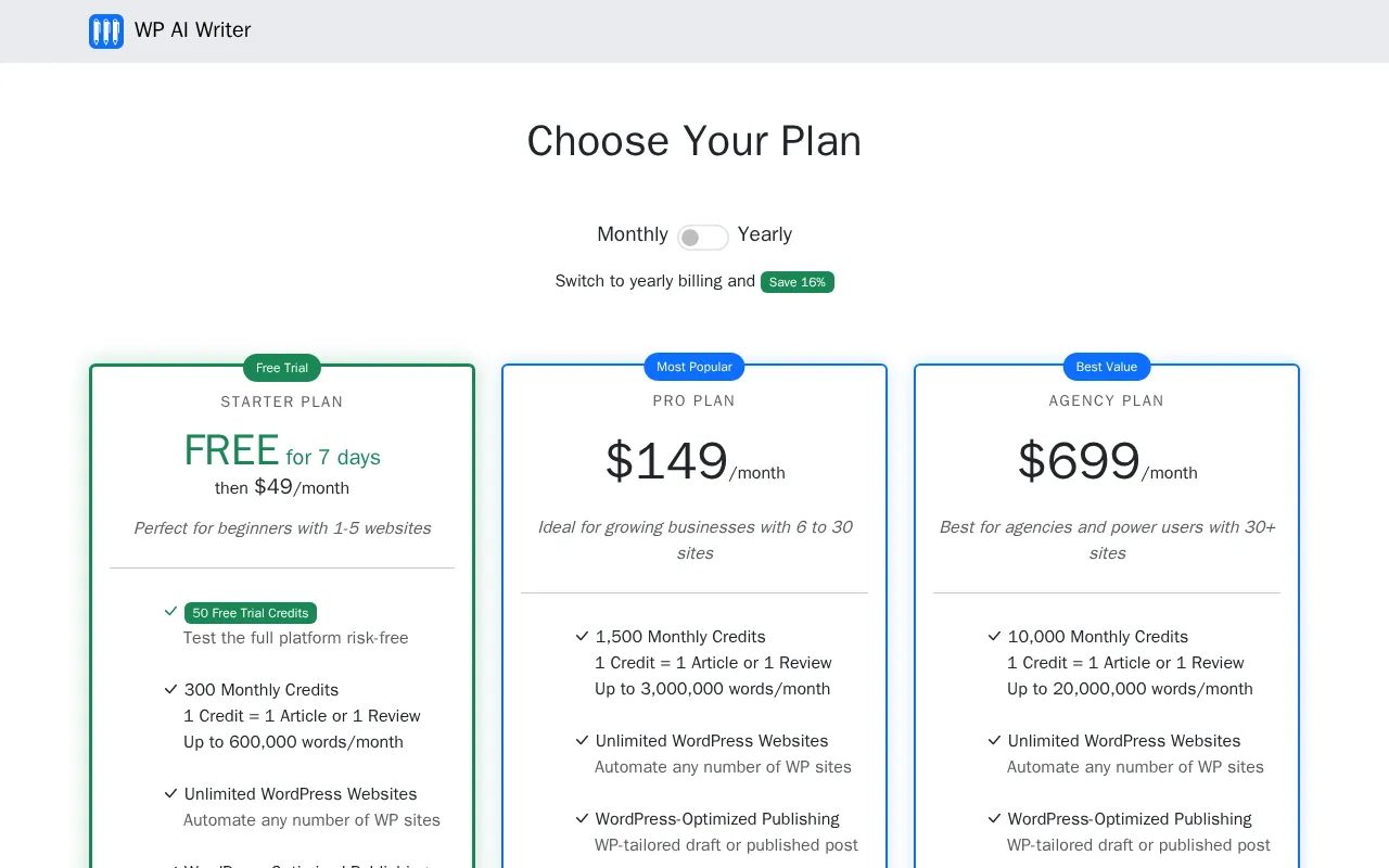 WP AI Writer — pricing page