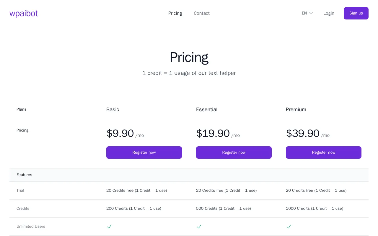 wpaibot — pricing page
