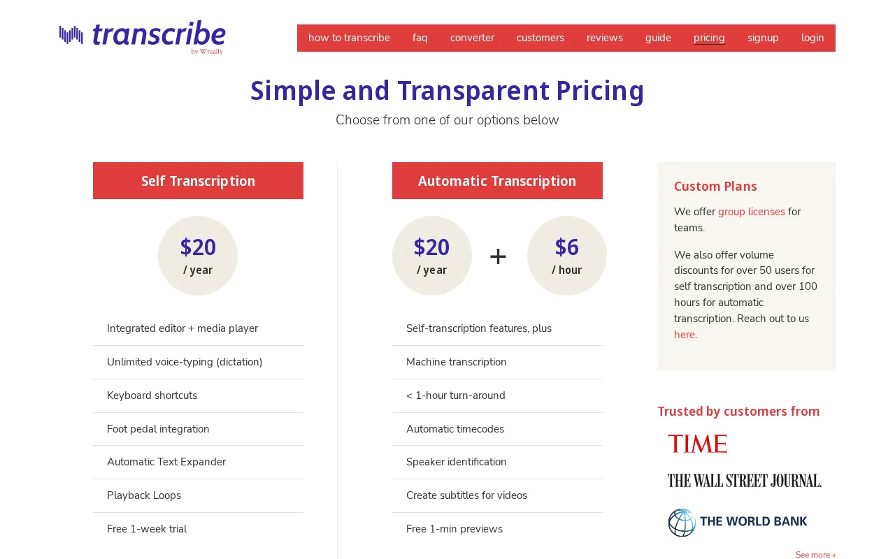 Transcribe by Wreally — pricing page