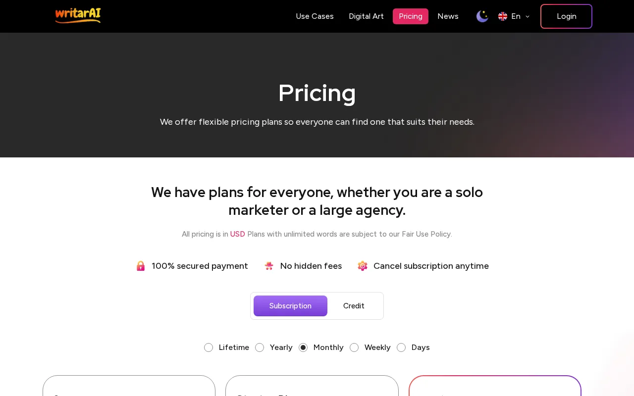 Writarai — pricing page