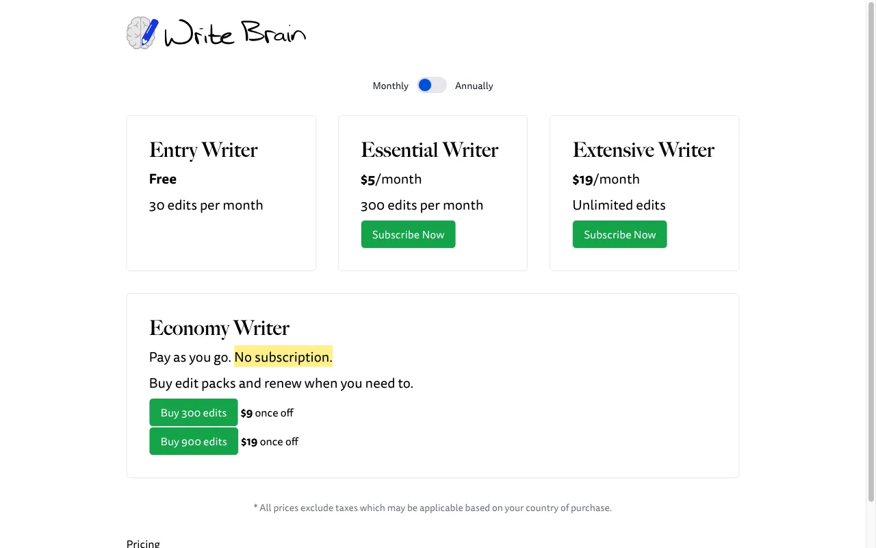 Write Brain — pricing page