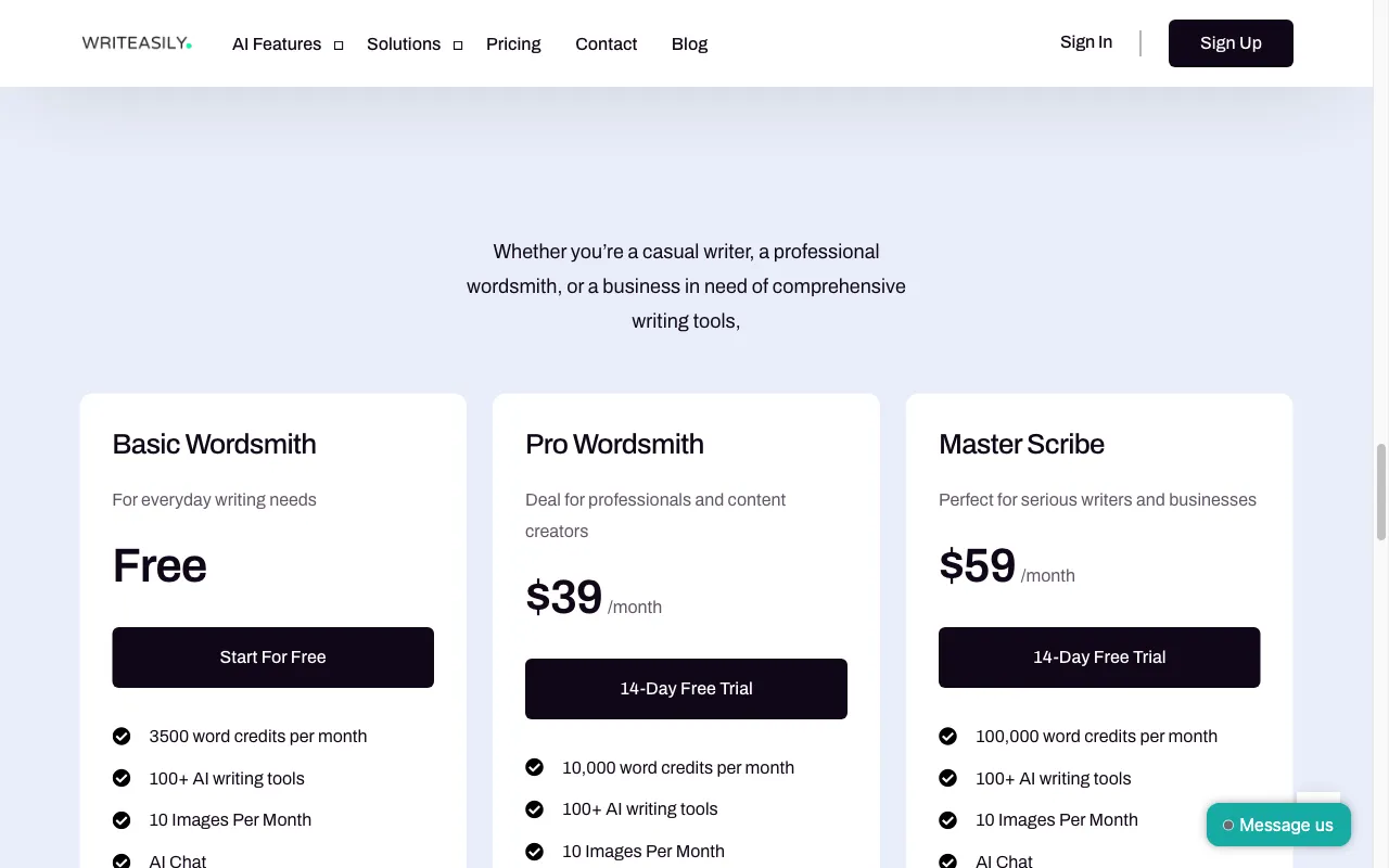 Writeasily — pricing page