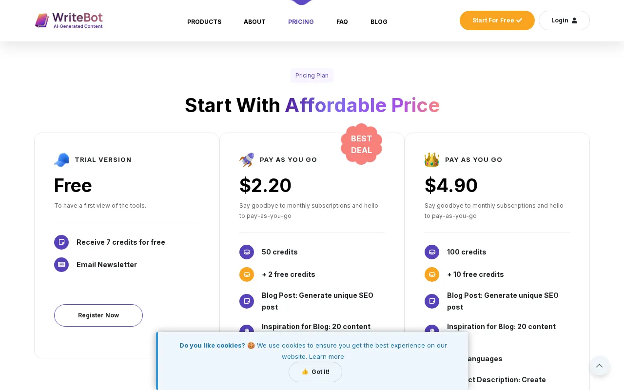 Writebot.io — pricing page