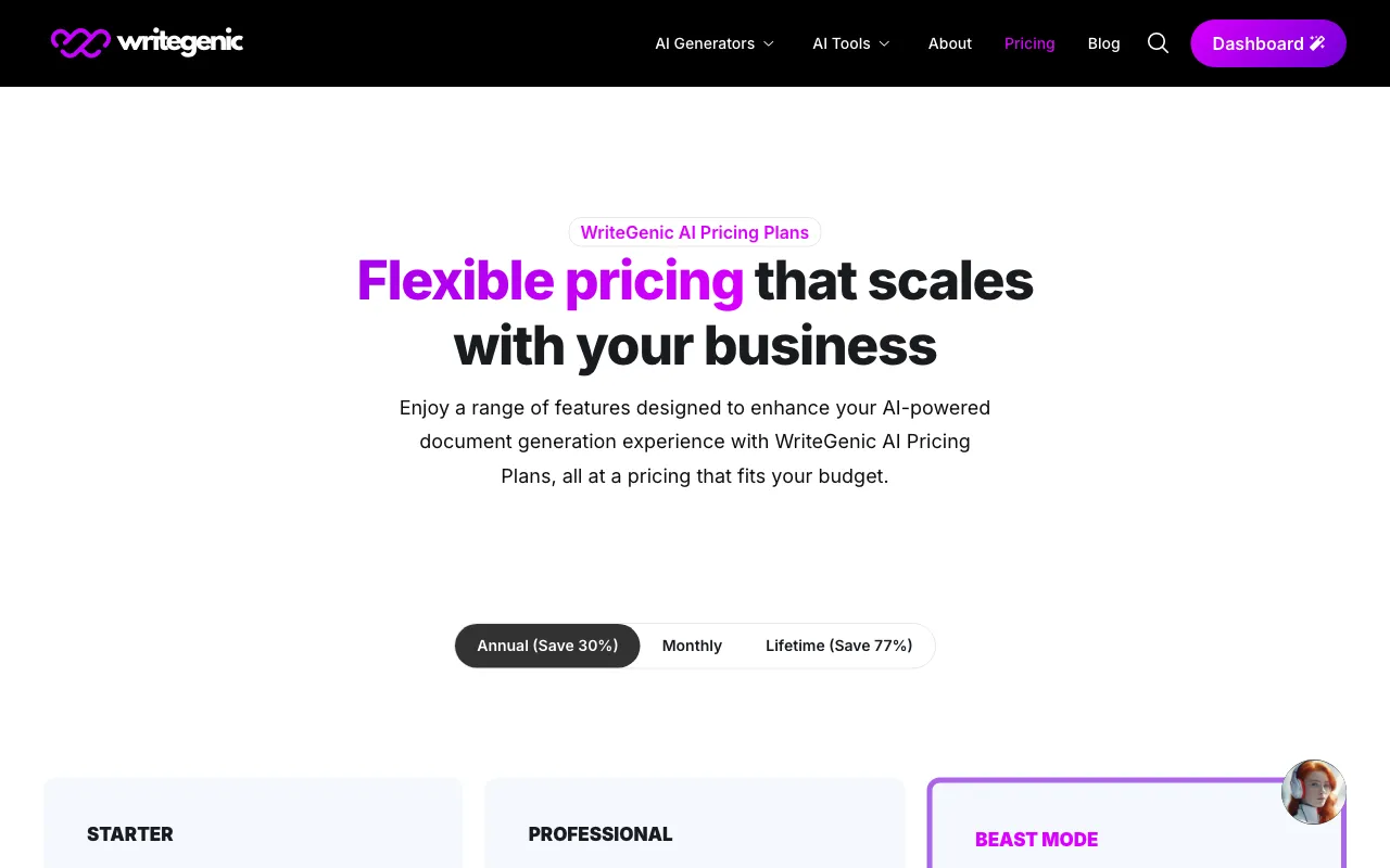 Writegenic AI — pricing page