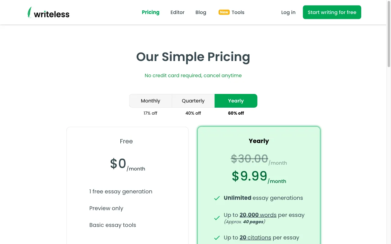 Writeless — pricing page