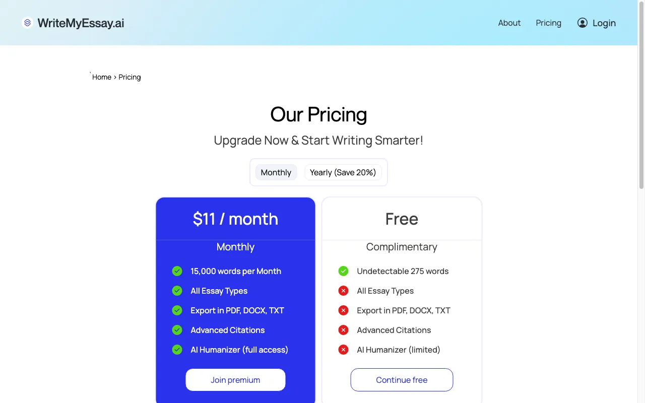 WriteMyEssay.ai — pricing page