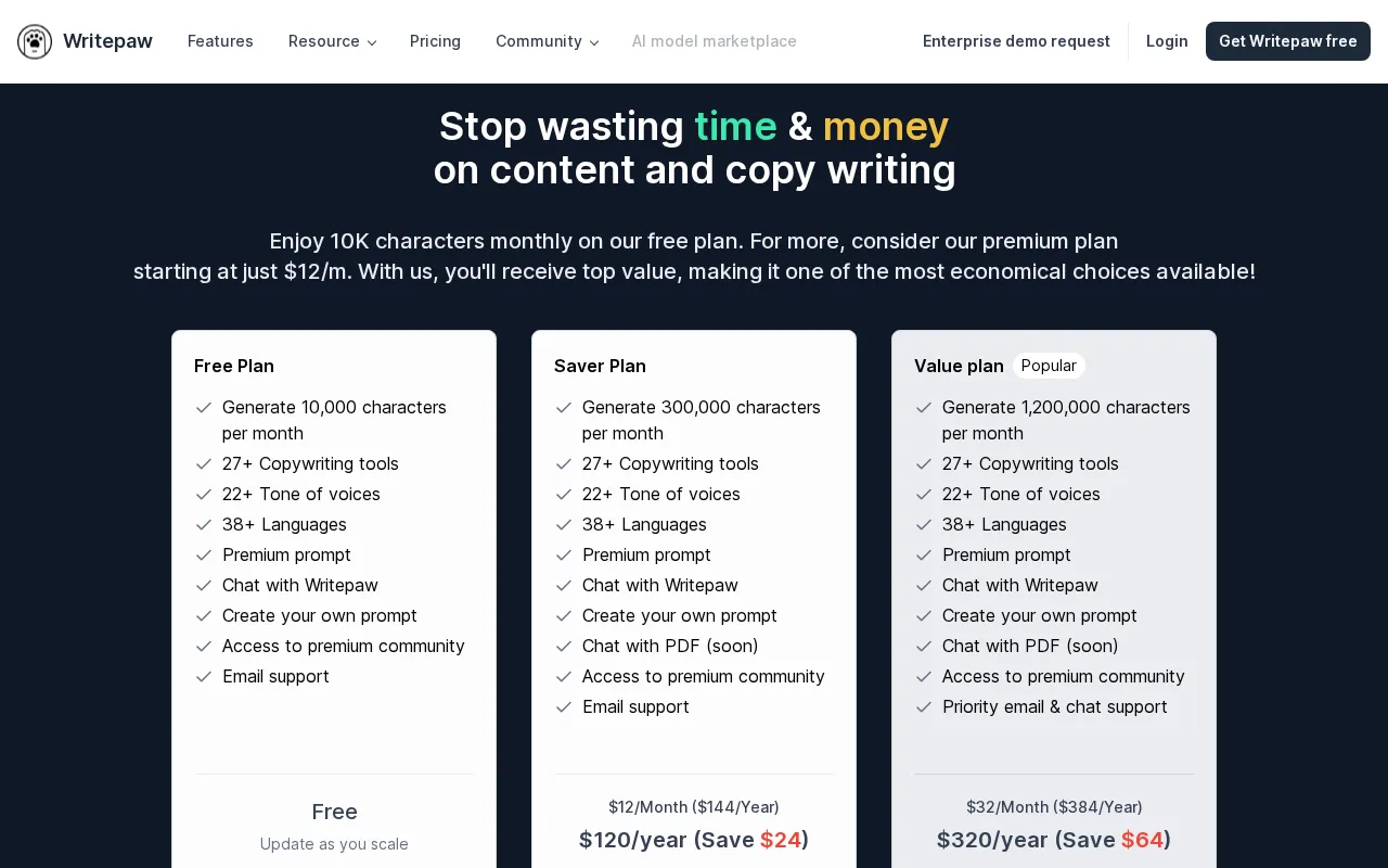 Writepaw.com — pricing page