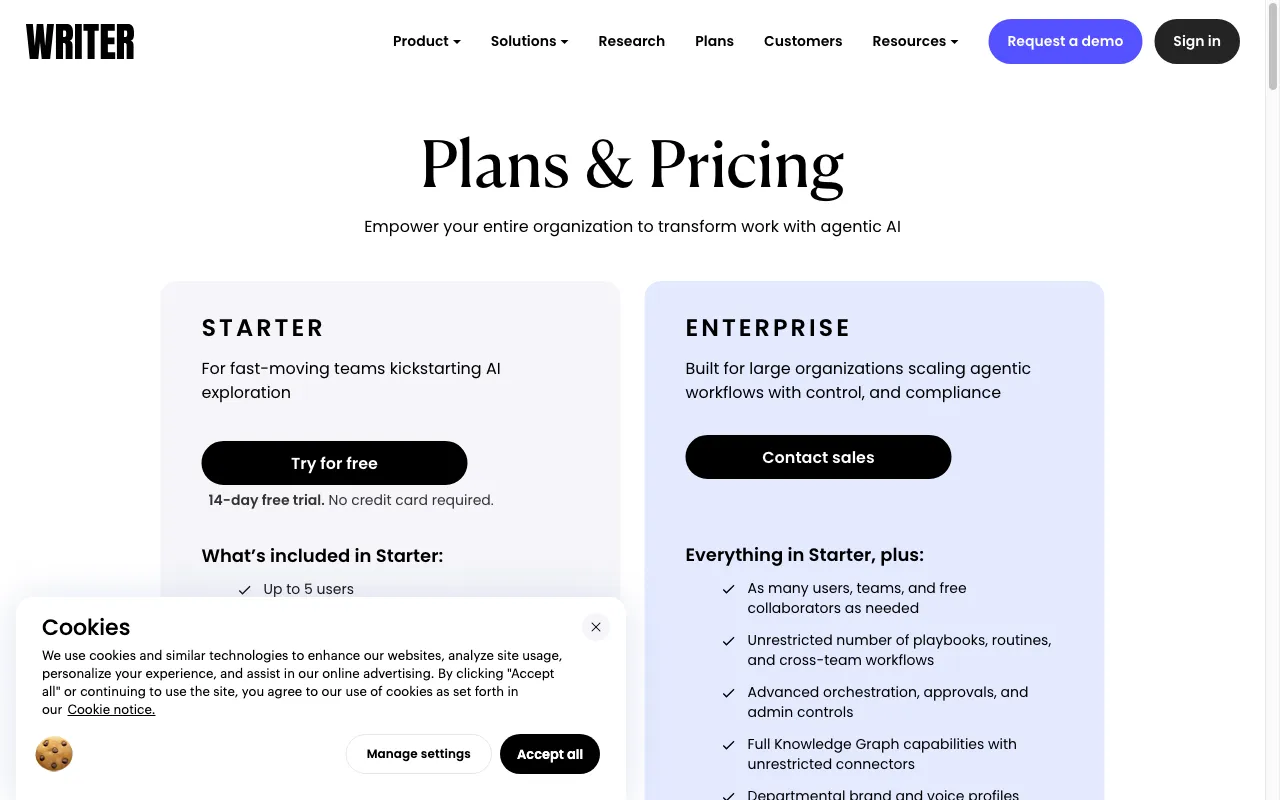 Writer — pricing page