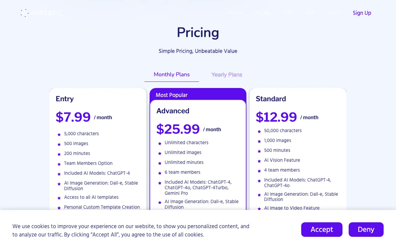 Writetic — pricing page