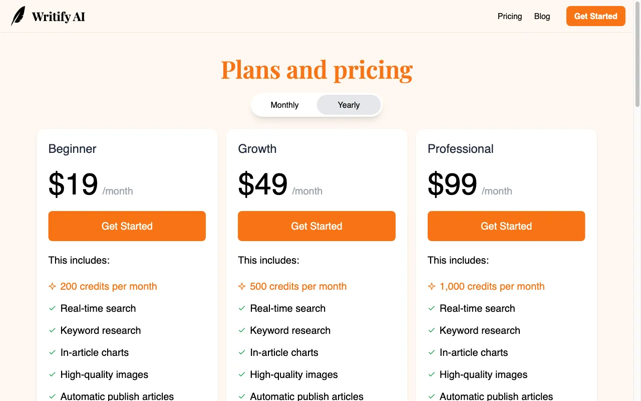 Writify AI — pricing page