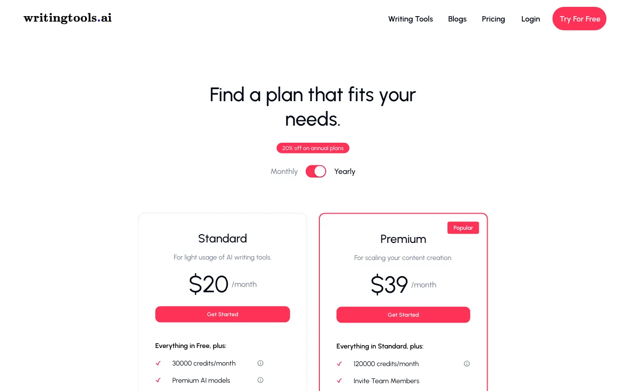 WritingTools.ai — pricing page