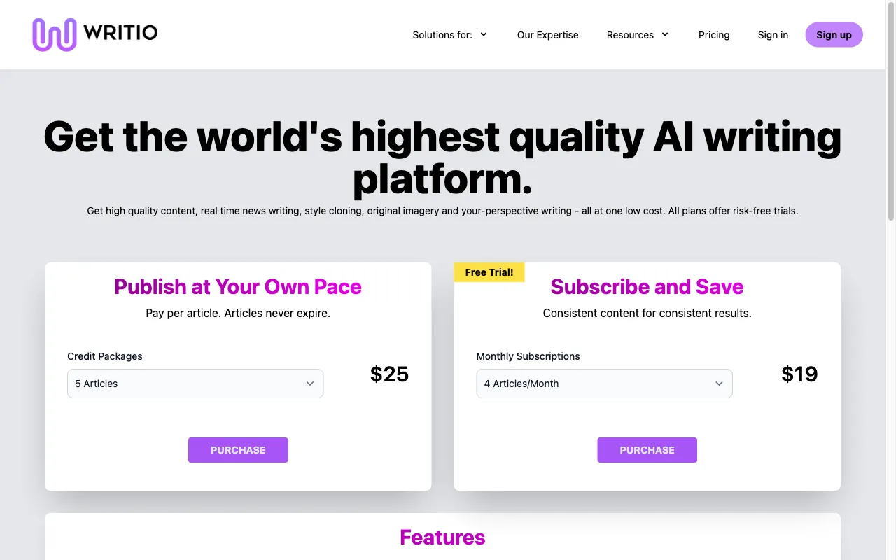Writio — pricing page
