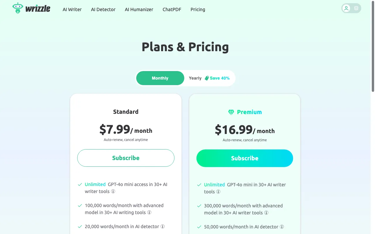 Wrizzle AI — pricing page