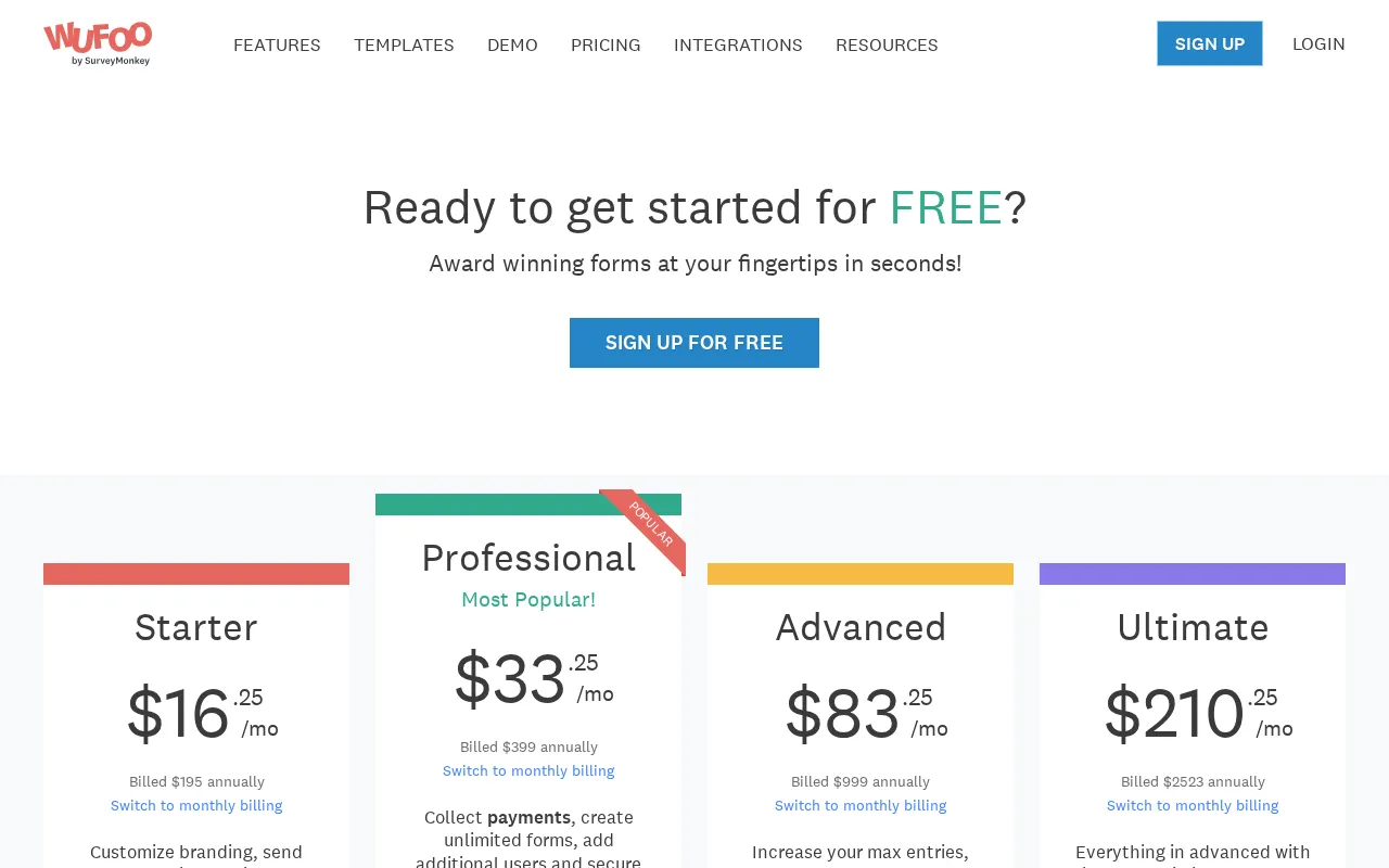 Wufoo — pricing page