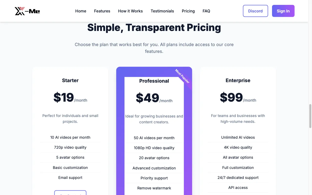X-Me — pricing page