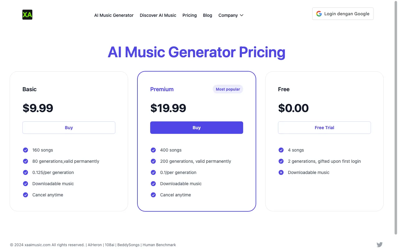 XA AI Music — pricing page