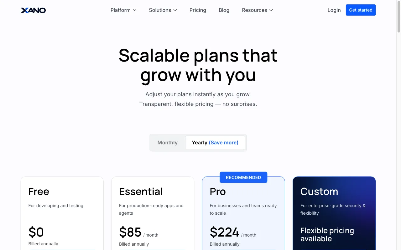 Xano — pricing page