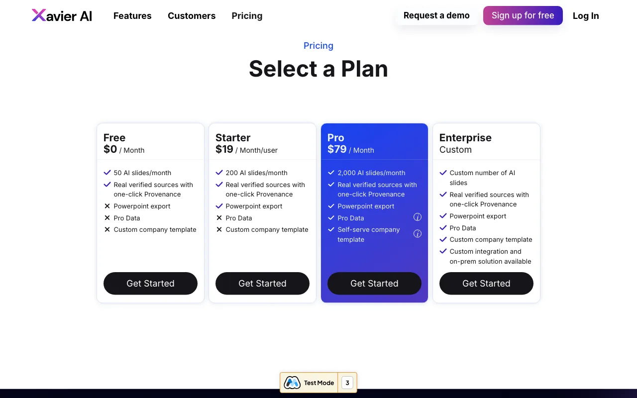 Xavier AI — pricing page