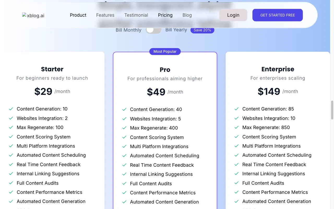 xBlog — pricing page