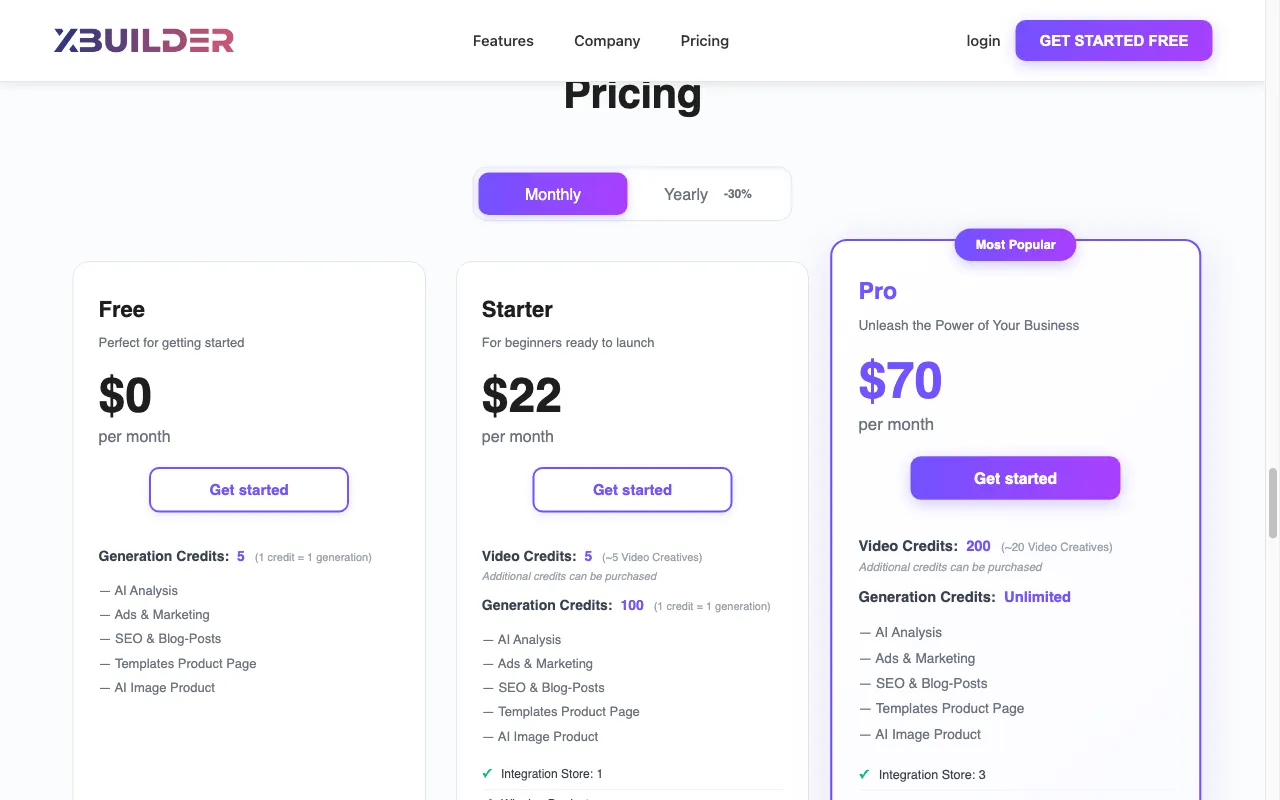 xBuilder.ai — pricing page