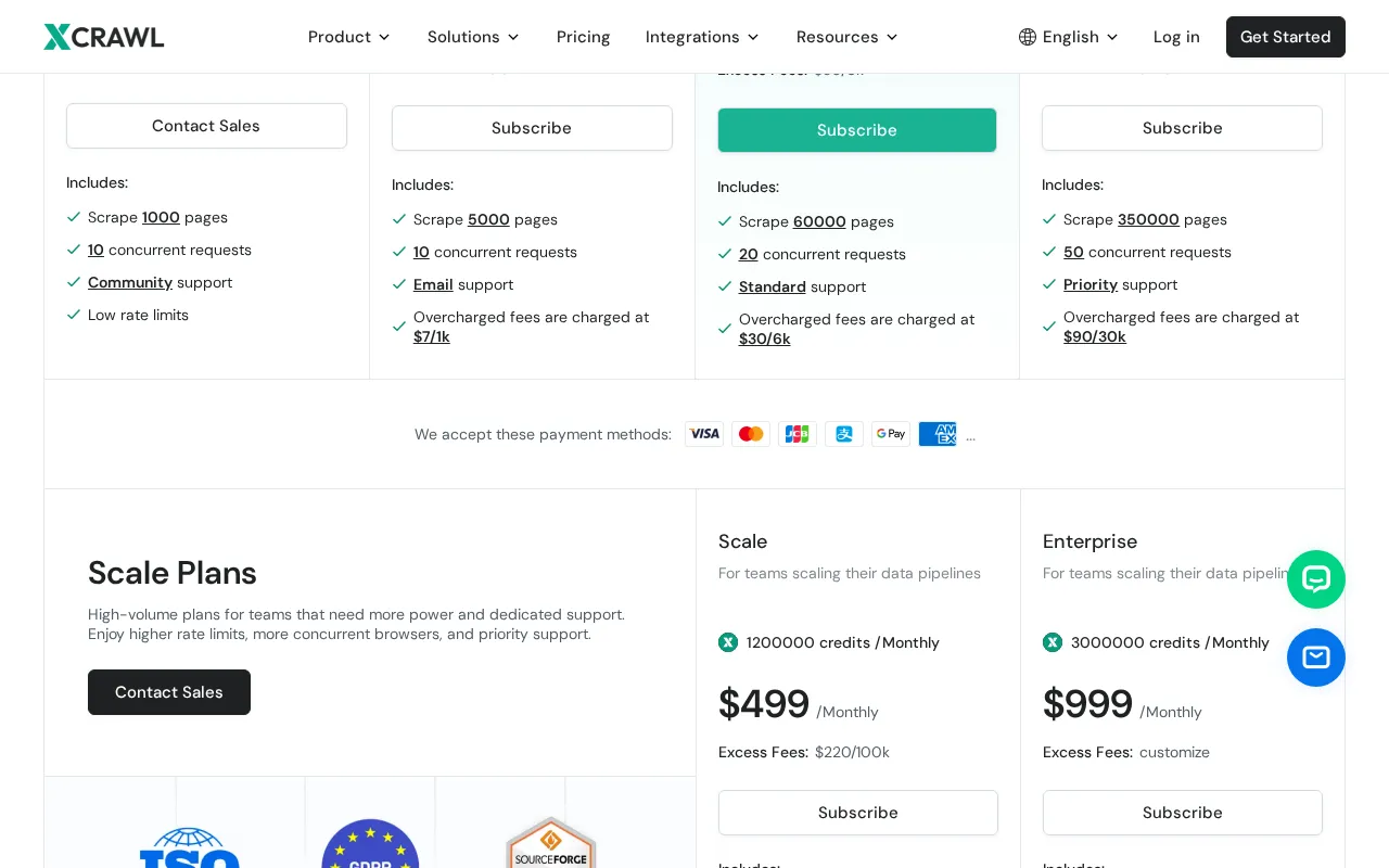 XCrawl — pricing page