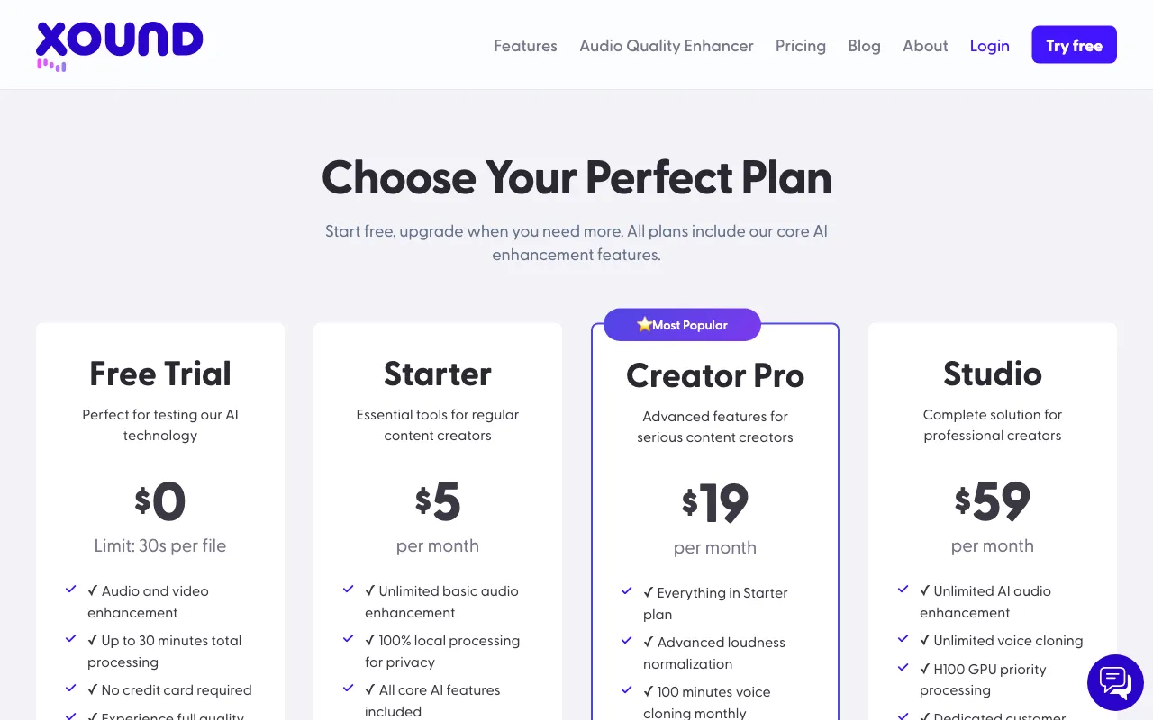 Xound.io — pricing page