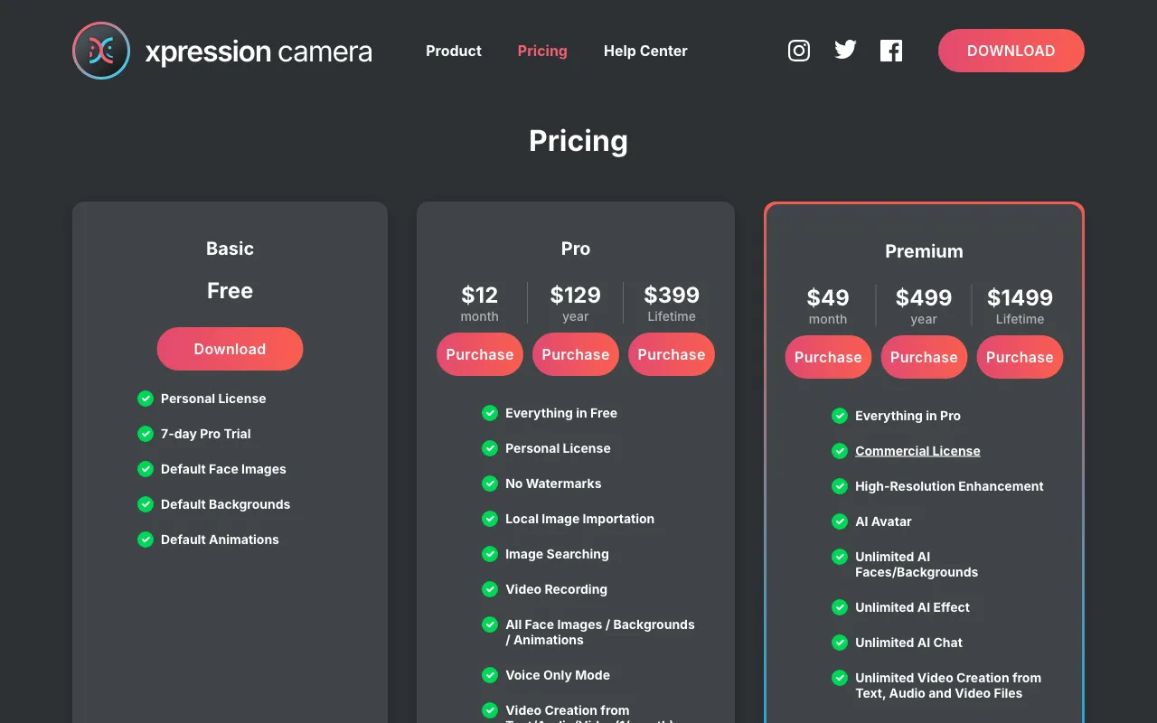 Xpression Camera — pricing page