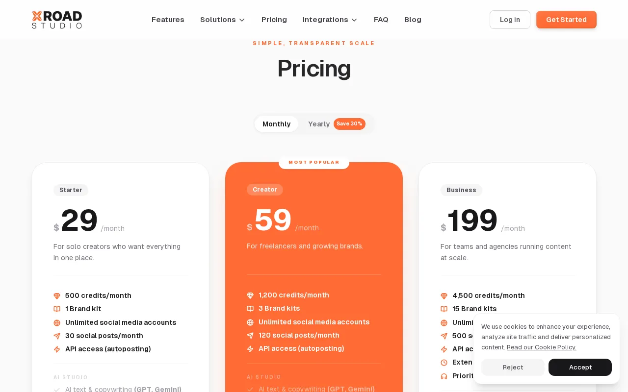 Xroad Studio — pricing page