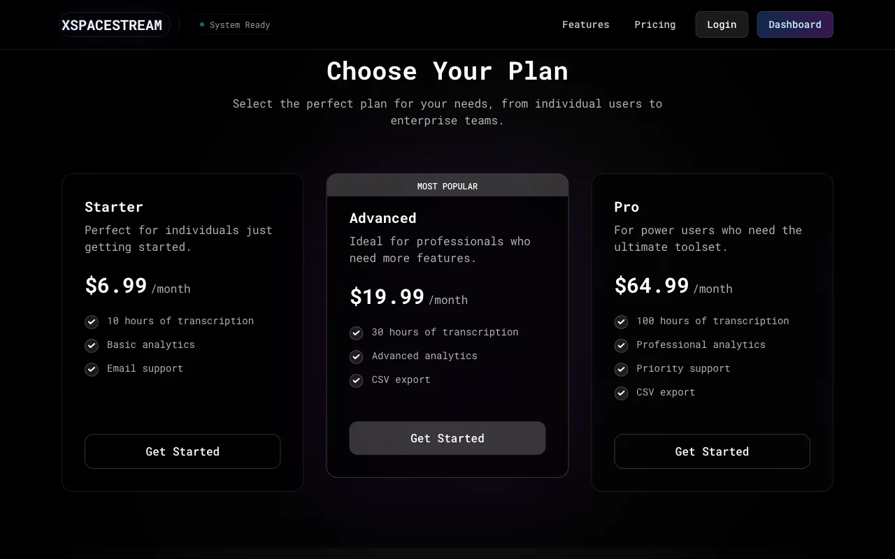 XSPACESTREAM — pricing page