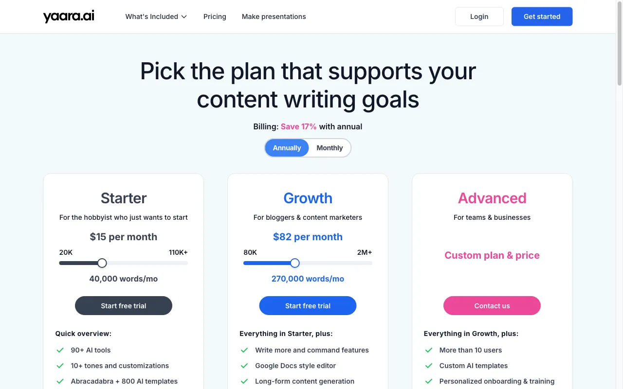 Yaara — pricing page