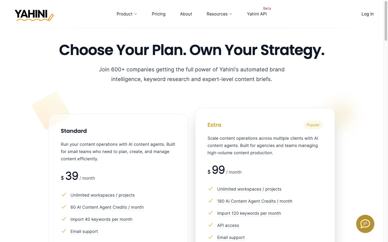 Yahini — pricing page
