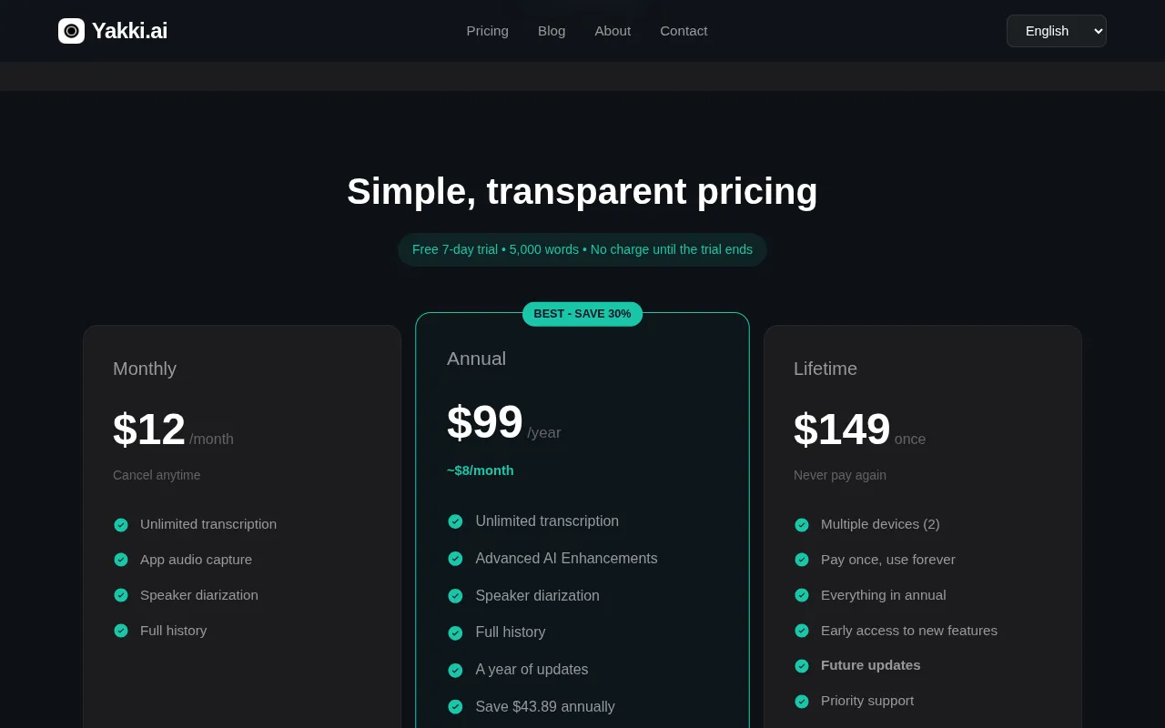 Yakki — pricing page