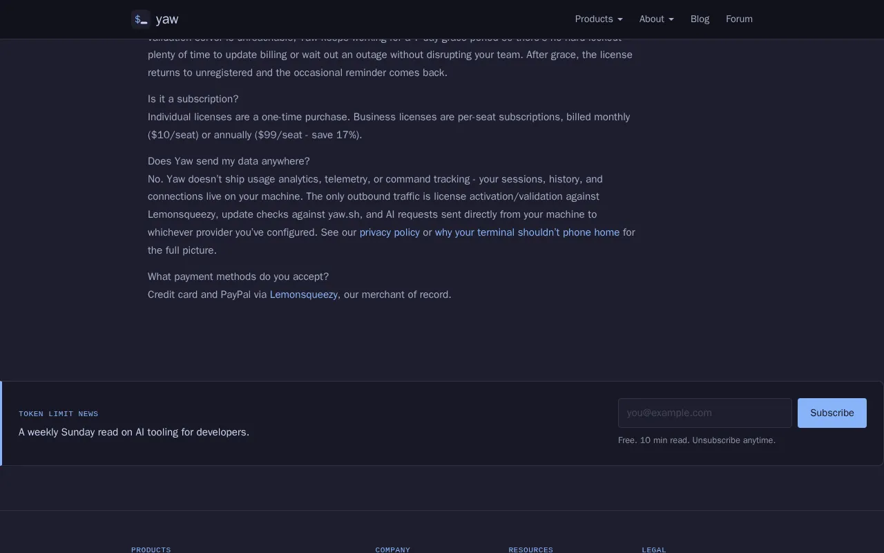 Yaw Terminal — pricing page