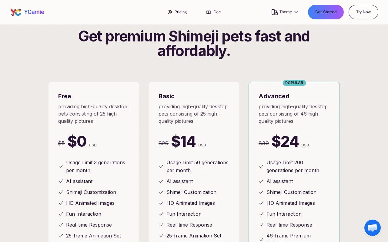 YCamie — pricing page